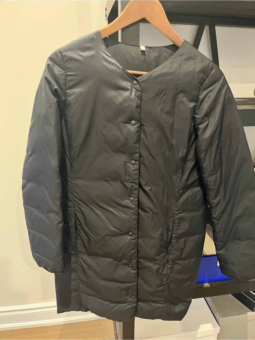 Muji Black down Quilted Snap-Front Puffer Coat